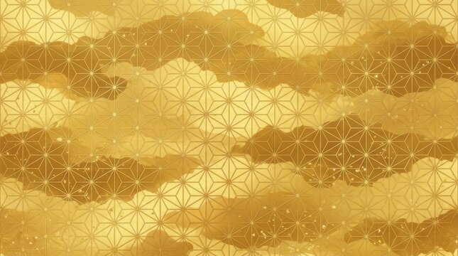 Elegant gold background with a traditional japanese asanoha hemp leaf geometric pattern and soft cloud textures