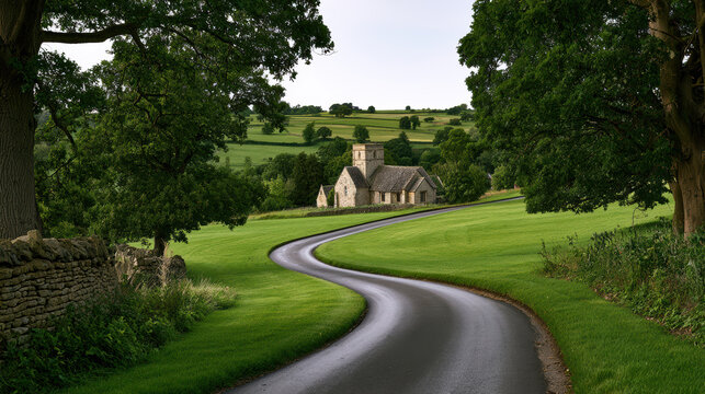 Winding road historic stone village countryside green field rural landscape summer tree scenic peaceful architecture