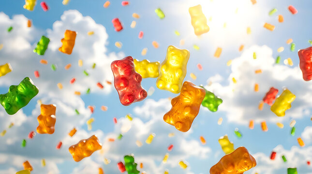 A vibrant assortment of colorful gummy candies are playfully falling from above against a bright blue sky filled with soft fluffy white clouds