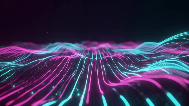 Abstract wave-like landscape of neon lines and particles against a dark background.