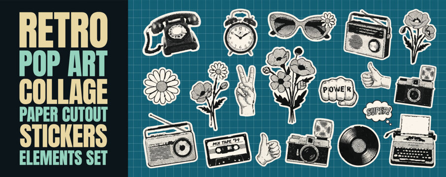 Retro pop art collage paper cutout stickers element set in black and white featuring vintage cameras radios flowers and rotary telephone on grid background with halftone grain texture aesthetic