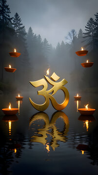 Golden Om Symbol Floating on Calm Dark Water with Floating Clay Diyas