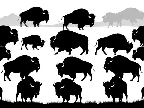 Large pack of vector silhouette designs featuring bison and buffalo in a formation on an isolated white background, perfect for use in various creative projects, minimalist, geometric shapes