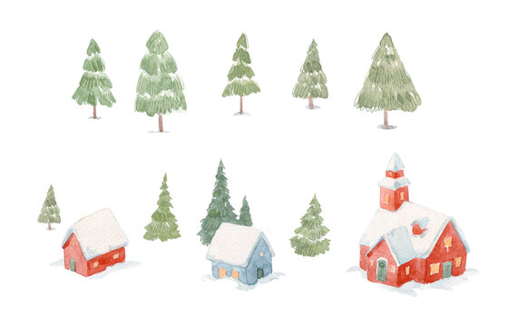 Watercolor Winter Village Set with Snowy Houses, Church and Pine Trees, Cute Christmas Wonderland Illustration