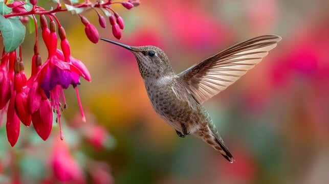 Anna's hummingbird flying gracefully near vibrant fuchsia flowers, colorful tropical bird in natural garden habitat, delicate wings in motion, iridescent green plumage, bright soft background, close-u