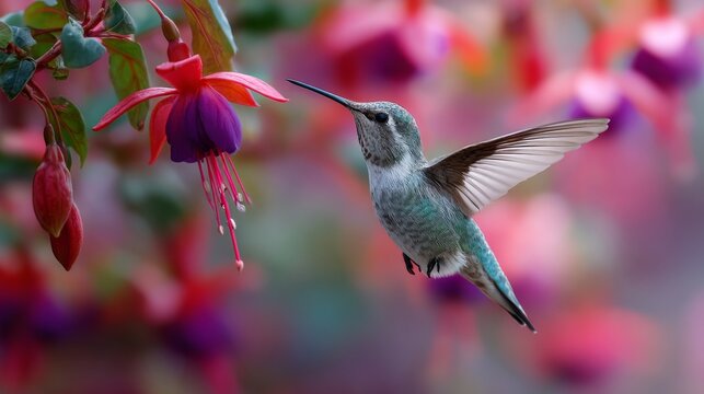 Anna's hummingbird flying gracefully near vibrant fuchsia flowers, colorful tropical bird in natural garden habitat, delicate wings in motion, iridescent green plumage, bright soft background, close-u