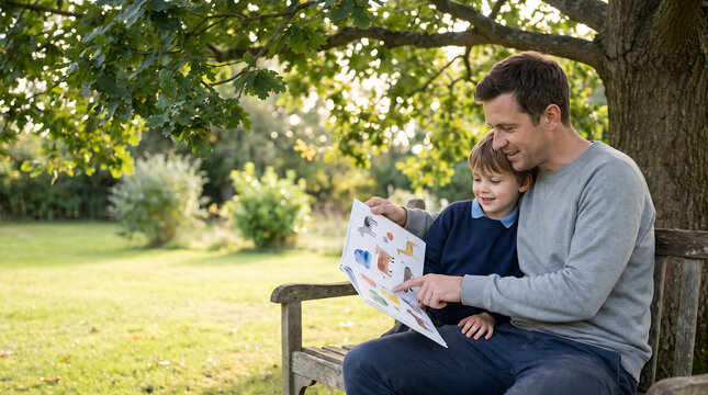 Father and Son Reading a Picture Book Together on a Park Bench in a Peaceful Outdoor Setting