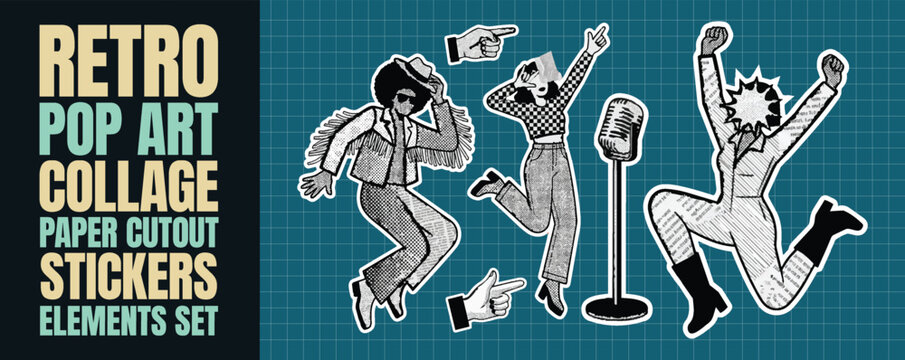 Retro pop art collage paper cutout stickers elements set, collection of funky groovy y2k style illustrations with vintage people performing and microphone