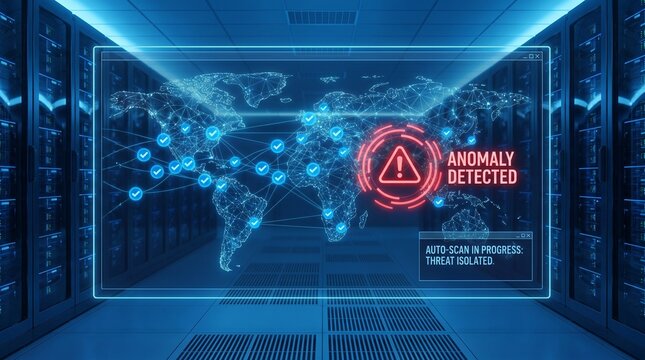 High-tech anomaly detection system with a global map displayed in a data center.