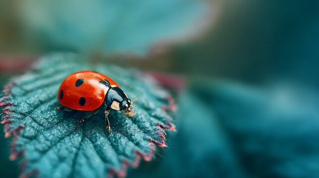 Beautiful ladybug resting on a green leaf with soft defocused natural background, detailed insect in peaceful garden environment, macro wildlife photography