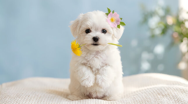 Adorable white bichon frise puppy wearing a colorful flower garland and looking directly at the camera with a sweet expression
