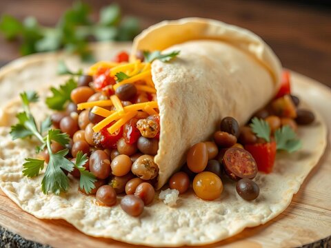 Large flour tortilla wrapped around beans, cheese, and veggies, hearty, bean