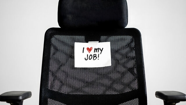 A black office chair with an I love my job note attached to the mesh back