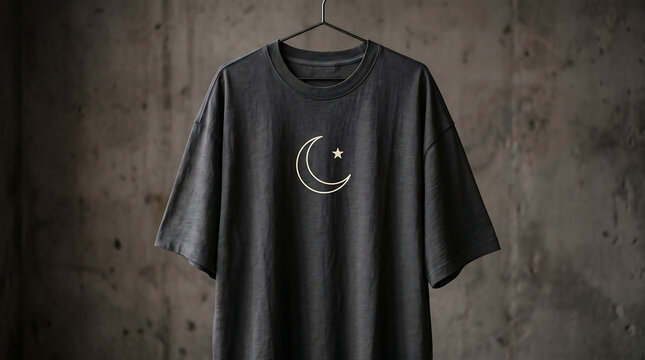 Premium Oversized Black Cotton T-Shirt with Minimalist Celestial Moon and Star Design