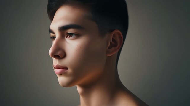 Profile portrait of a young man with dark hair and clear skin.