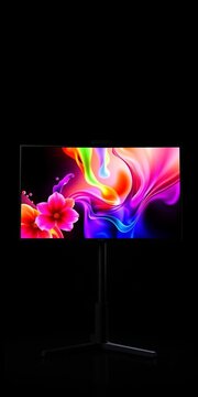 Simple display screen on stand, black background, abstract, white