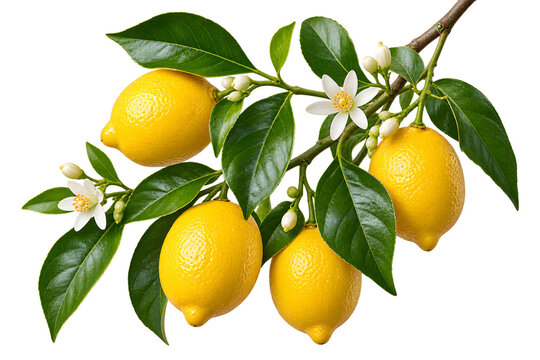 Fresh yellow lemons on a branch with green leaves and white blossoms isolated on white