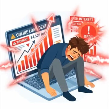 A stressed man sitting on a laptop due to online loan debt and high interest.