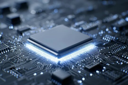 Blue Illuminated Microchip on Computer Motherboard Close Up