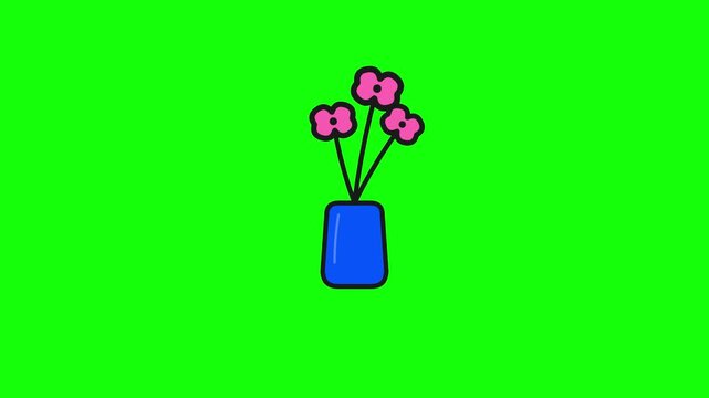 Minimalist cartoon illustration of three pink flowers with black centers inside a small blue vase, isolated on a solid bright neon green background with thick bold black outlines.