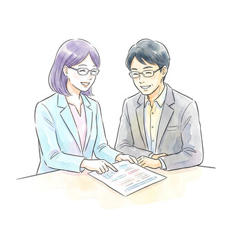 ライフプラン相談 保険見直し 夫婦 ファイナンシャルプランナー 水彩 イラスト