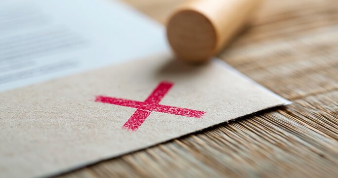 Red cross stamp on paper closeup