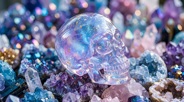 A stunning and colorful arrangement of intricately carved crystal skulls alongside beautiful amethyst points displaying shades of deep purple and cool blue