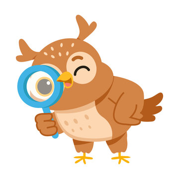 A curious owl detective using a magnifying glass, suited to mystery, search, investigation, and clue themes.