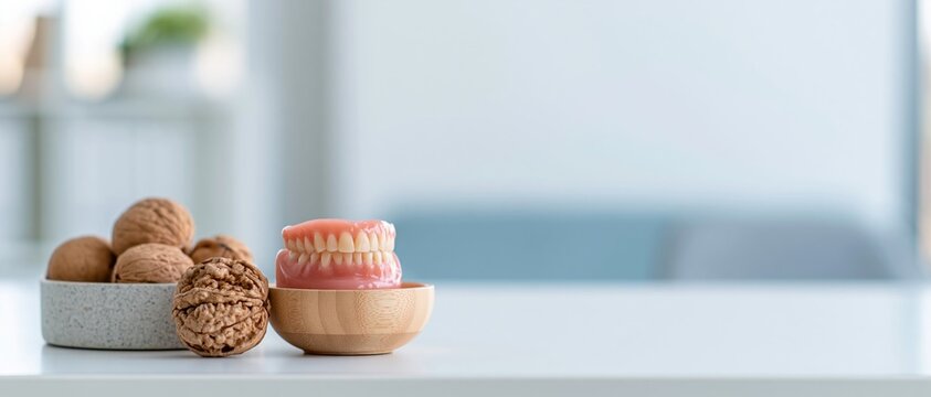 Dental dentures with walnuts on table