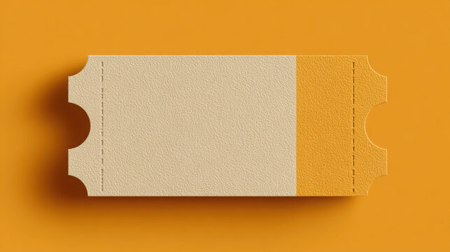 Blank textured paper admission ticket isolated against solid orange background for event entry design mockup with single rectangular admission