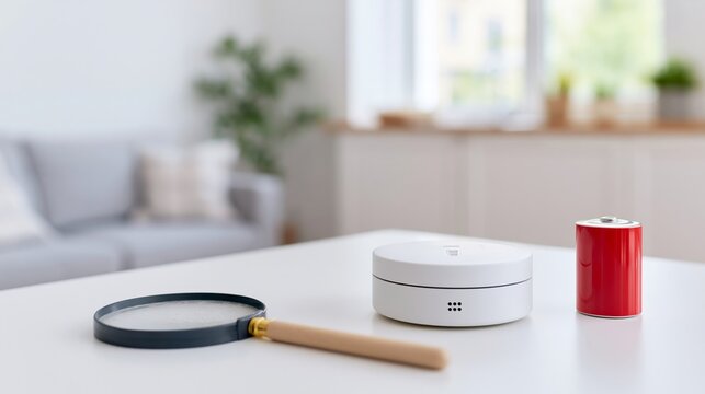 Smoke detector with magnifying glass and battery
