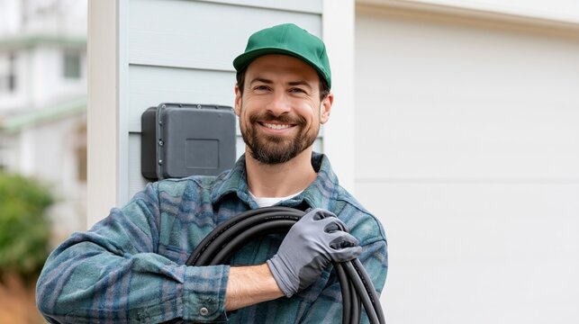 Smiling electrician holding cable outdoors