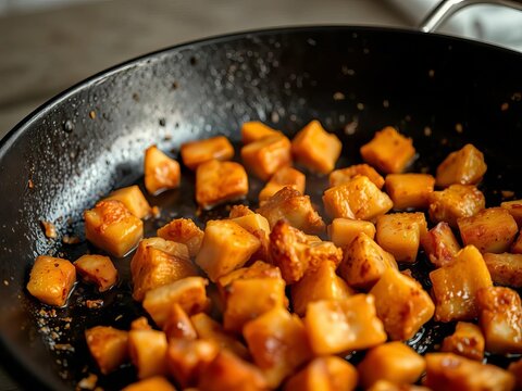 Sizzling chicharr&oacute;n bits being tossed in a sizzling skillet, frying pan, sizzle