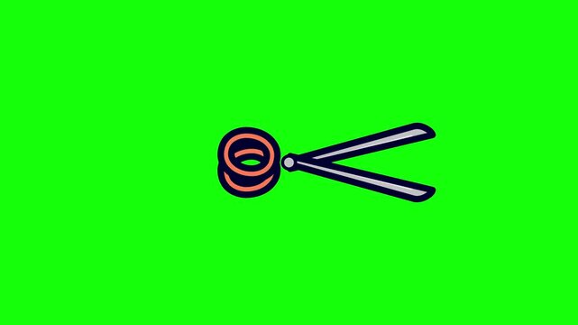 2D cartoon illustration of open scissors with orange circular handles and silver metal blades, isolated on a solid bright green background for easy keying and digital editing.