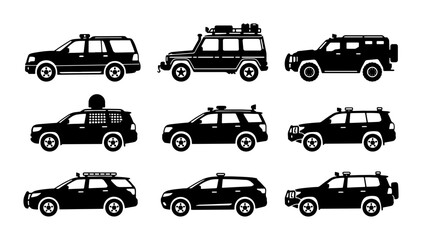 Naklejka premium Off-road SUV Icons Set, Rugged 4x4 Vehicles Collection, Adventure Travel Car Graphics