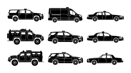 Police Car Icons, Law Enforcement Vehicles Collection, Security Transport Set, Black Silhouette Vector © Tariqul