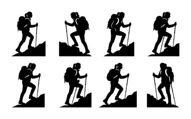 Fototapeta premium Silhouette Hikers Climbing Mountains, Set of 8 Vector Icons for Adventure and Outdoor Activity