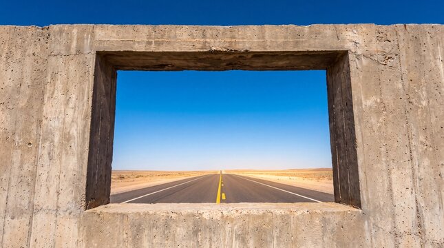 Concrete wall with a large gap splits view of asphalt road stretching to horizon under clear blue sky. Minimalist scene suggests opportunity and forward path.