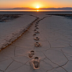 Fototapeta premium Single set of footprints crossing cracked dry earth toward sunrise over calm water, peaceful solitude, nature landscape