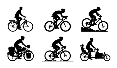 Naklejka premium Six Bicycle Silhouettes, Cycling Sports, Urban Commute, Family Cargo Bike, Vector Icons
