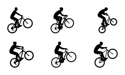Fototapeta premium BMX Bike Rider Silhouettes, Action Sports Bicycle Stunts, Dynamic Cycling Performance Vector Set