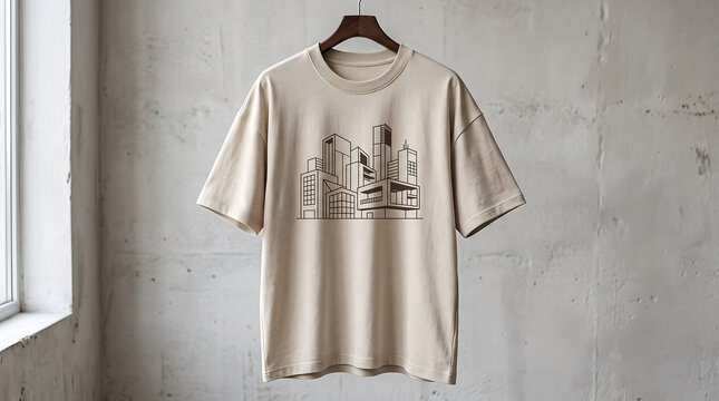 Premium oversized beige t-shirt with city skyline graphic hanging on a wooden hanger against a concrete wall