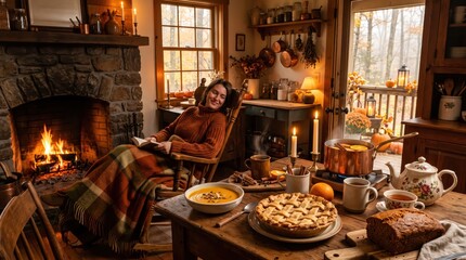 Fototapeta premium Middle aged woman relaxing with book and wrapped in blanket by roaring fireplace in rustic kitchen dining area with autumn pie and soup on wooden table, warm cozy mood
