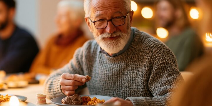 Elderly man enjoying meal with family