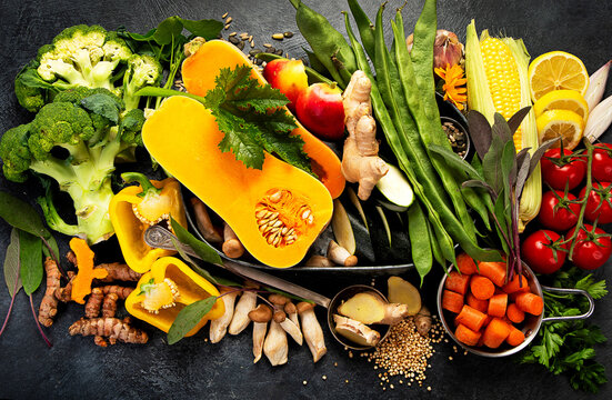 Fresh raw vegetables and fruits.