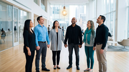 Fototapeta premium Diverse team of professionals holding hands and smiling in modern office. Business collaboration, teamwork, corporate culture, startup.