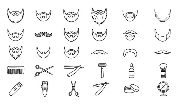 Men Beard Mustache Grooming Barber Shop Outline Vector Icon Set