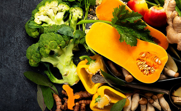 Fresh raw vegetables and fruits.