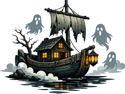 Spooky ghost ship with a dark wooden cabin floating on water for halloween