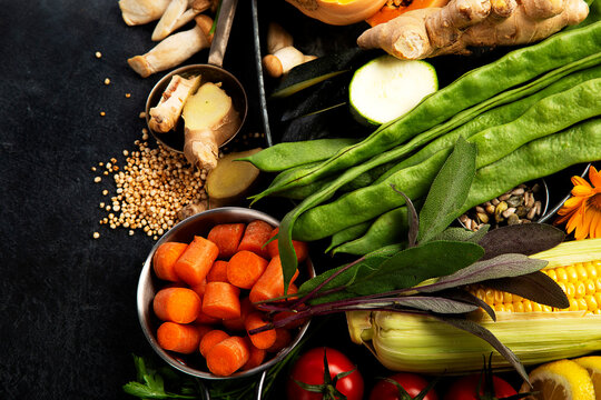 Fresh raw vegetables and fruits.